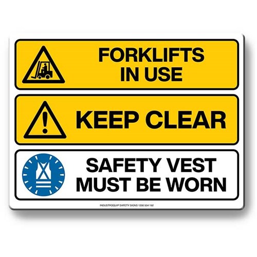 Multi Safety Sign - Forklifts In Use / Keep Clear / Safety Vest Must Be Worn