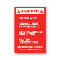 In Case of Fire Machinery Safety Sticker to NSW MDG15 Standard