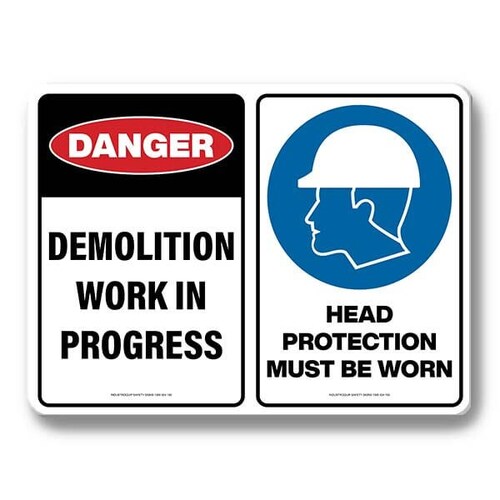 Multi Safety Sign - Danger Demolition Work In Progress / Head Protection Must Be Worn