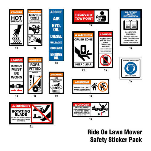 Ride On Lawn Mower Safety Sticker Pack